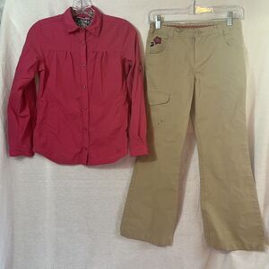 REI Girls M (10-12) Pink Button Up Long Sleeve Shirt & Tan Cargo Style Pants